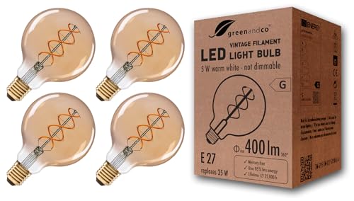 greenandco E27 G95 Vintage LED Filament Bulb – 2000K Warm White, 4-Pack