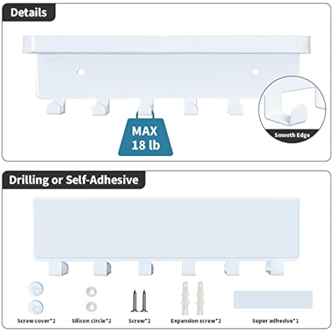 Wall Mounted Key Holder with Mail Tray - 6 Hooks, White Metal
