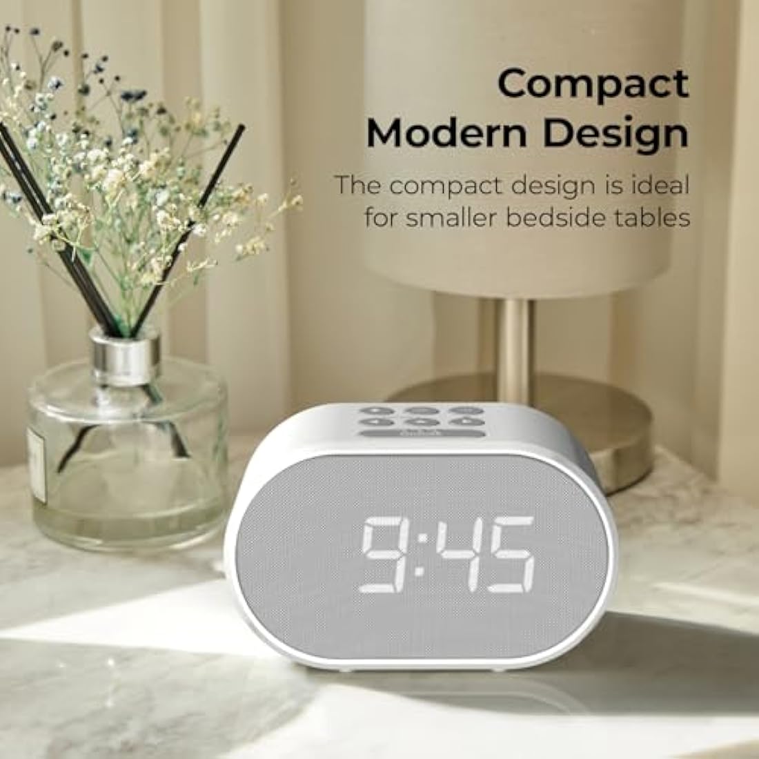 i-box Bedside FM Radio Alarm Clock with USB Charging & Dual Alarm - White