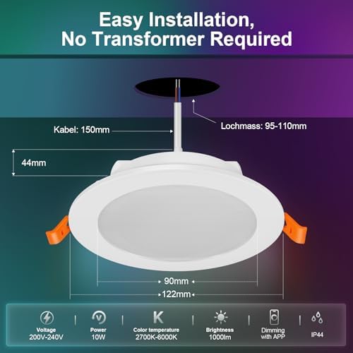 VARICART Smart LED Downlights | 10W RGB CCT Alexa Dimmable IP44 | 6 Pcs