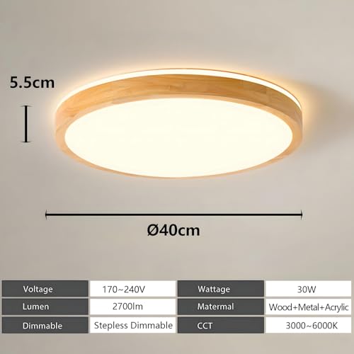YYUTLUO Wooden LED Ceiling Light – 30W Dimmable Round Flush Mount Lamp