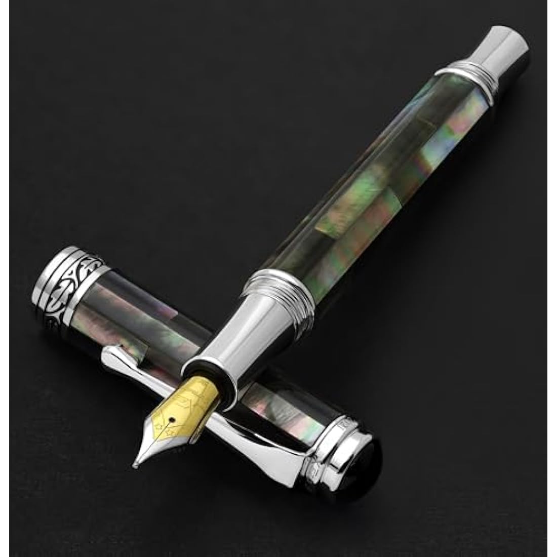 Xezo Maestro Fountain Pen – Black Mother of Pearl & Platinum, Medium Nib