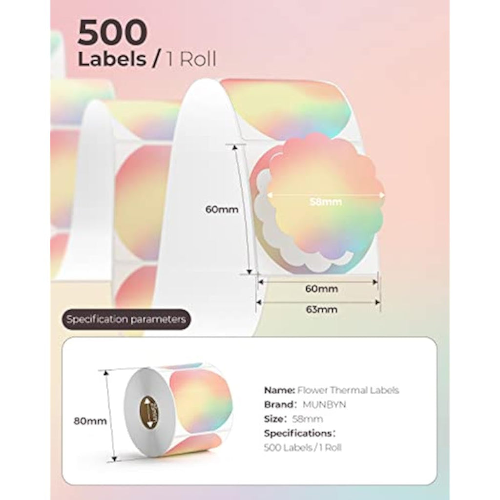 MUNBYN Flower Thermal Labels | 58x58mm Rainbow Adhesive Stickers | 500 Count