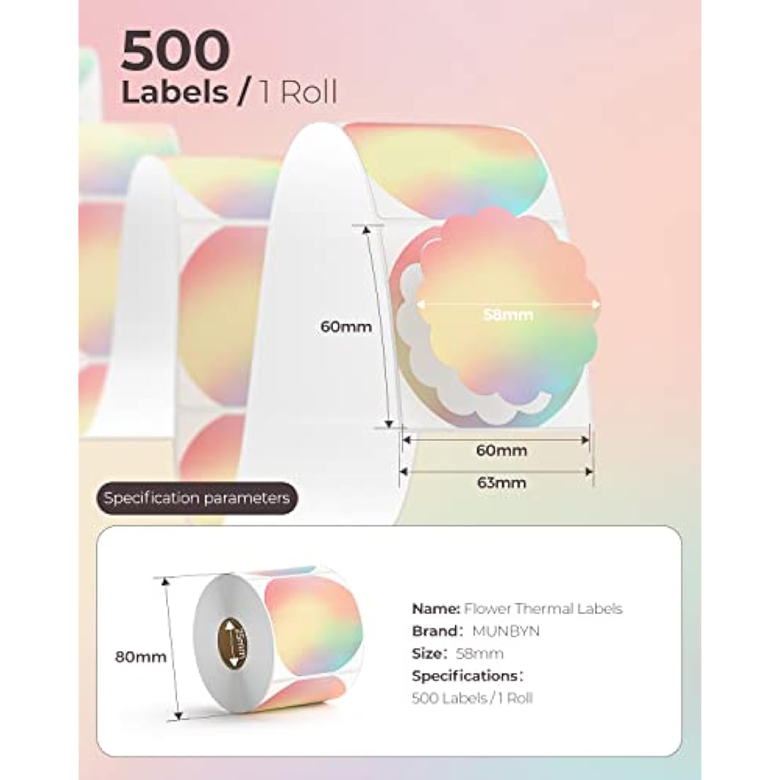 MUNBYN Flower Thermal Labels | 58x58mm Rainbow Adhesive Stickers | 500 Count