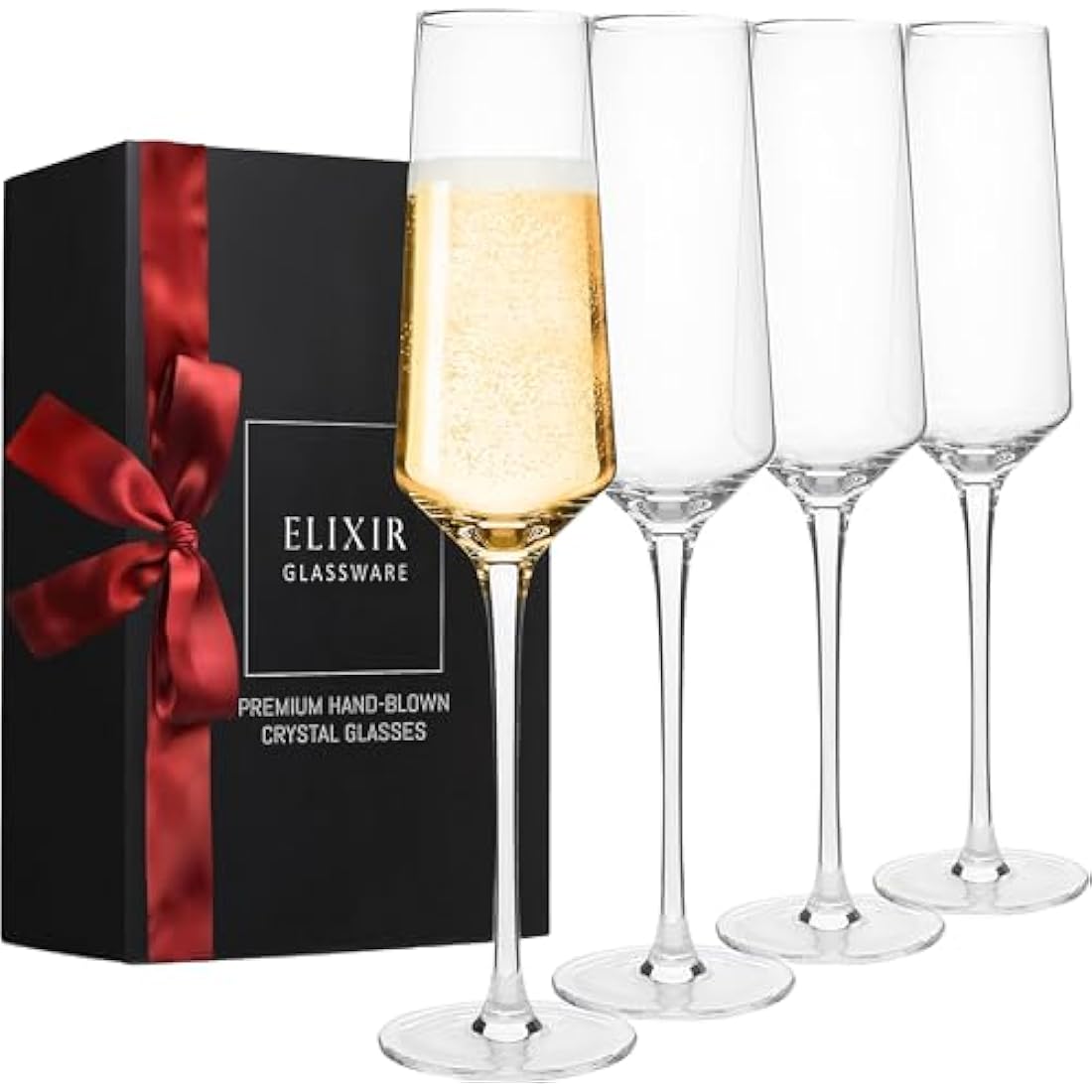 Elixir Glassware Hand Blown Crystal Champagne Flutes - Set of 4, 8oz