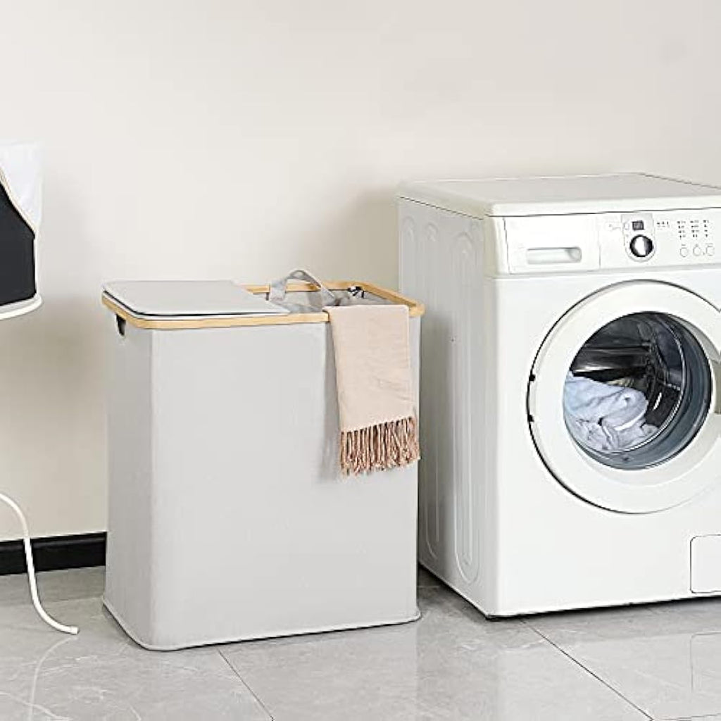 efluky 140L Double Laundry Basket with Lid - Bamboo & Linen Hamper