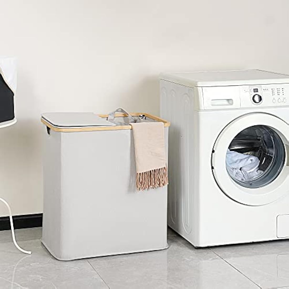 efluky 140L Double Laundry Basket with Lid - Bamboo & Linen Hamper