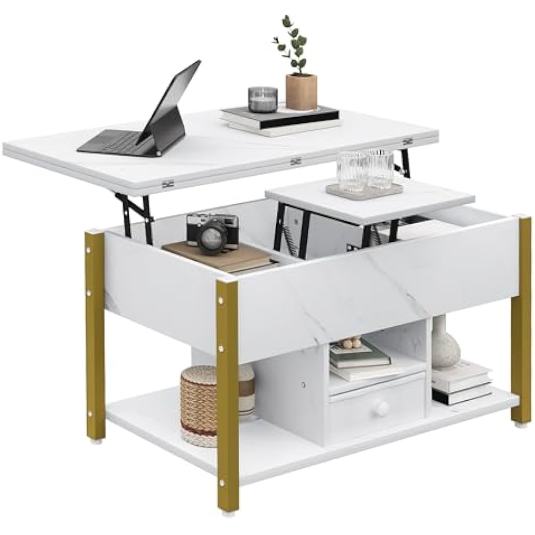 Lift Top Coffee Table - 4-in-1 Convertible Storage Desk, White