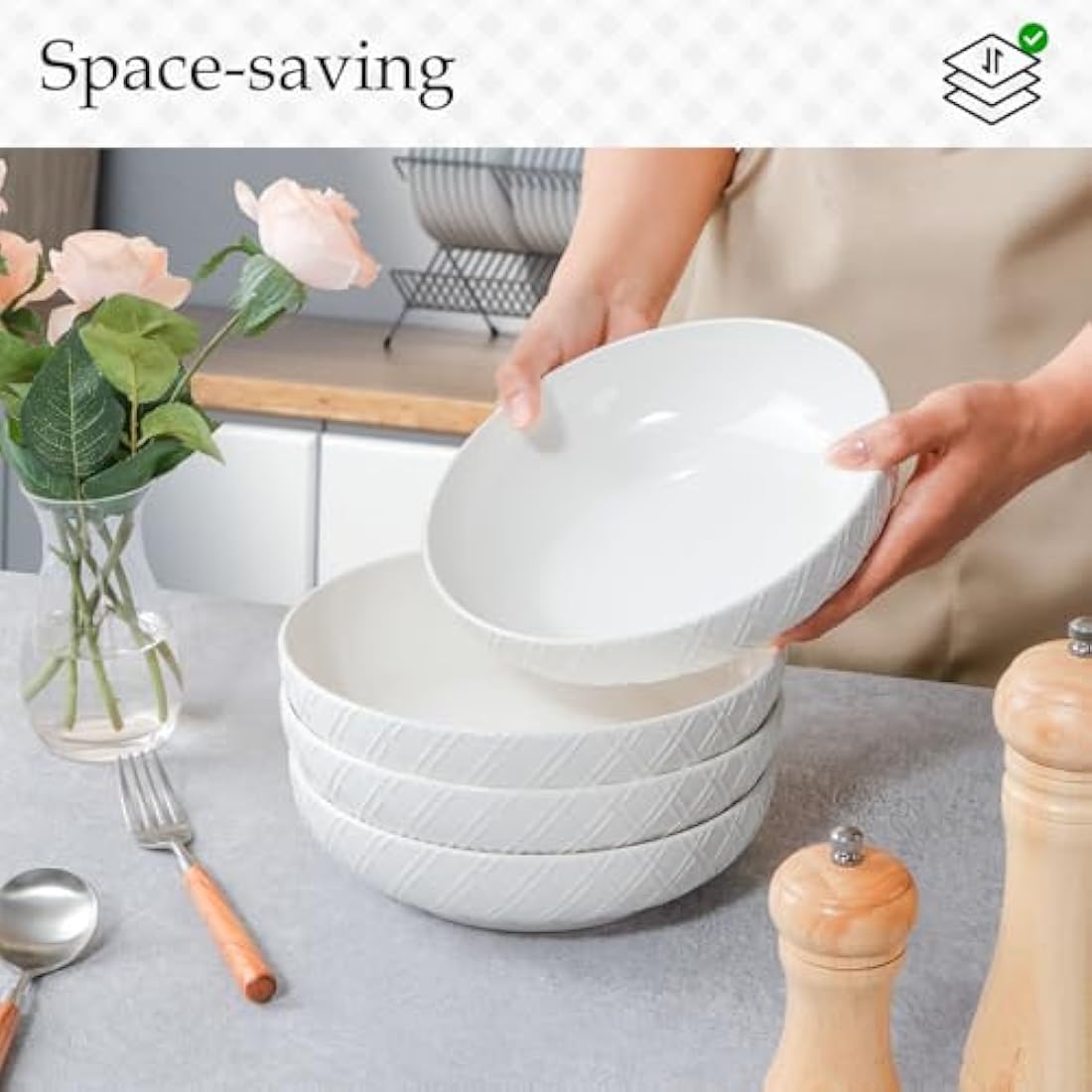 NUTRIUPS 40 Oz Pasta Bowls Set of 4 | White Checkered Porcelain Salad Bowls