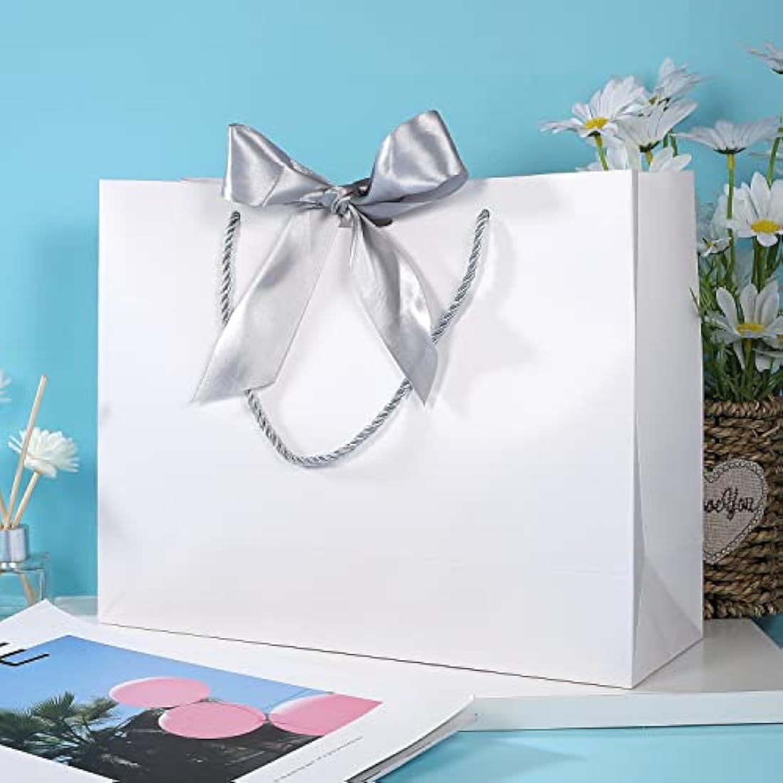 Jolof Store White Paper Gift Bags with Silver Bows - 10 Pack Large