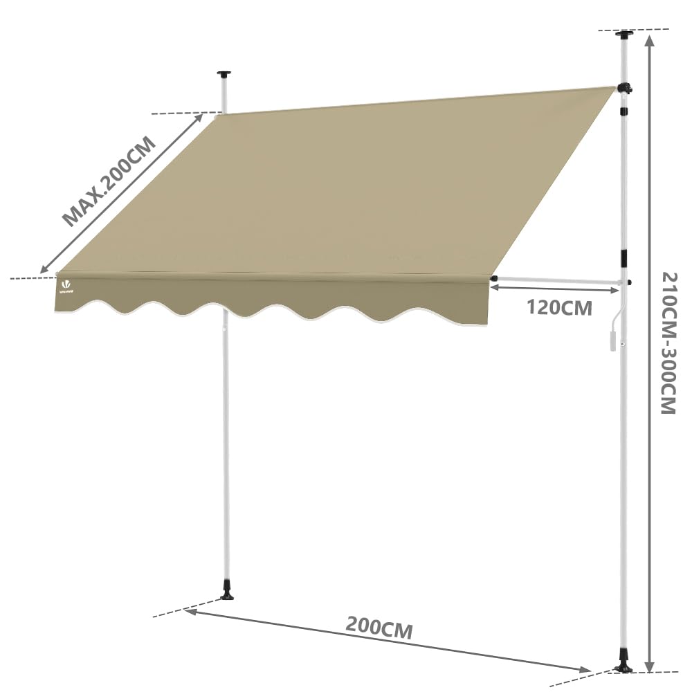 VOUNOT 2x1.2m Retractable Patio Awning – Manual Waterproof Canopy, Beige