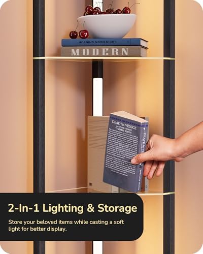 EDISHINE LED Floor Lamp with 4-Tier Glass Shelves | Dimmable Wood Light