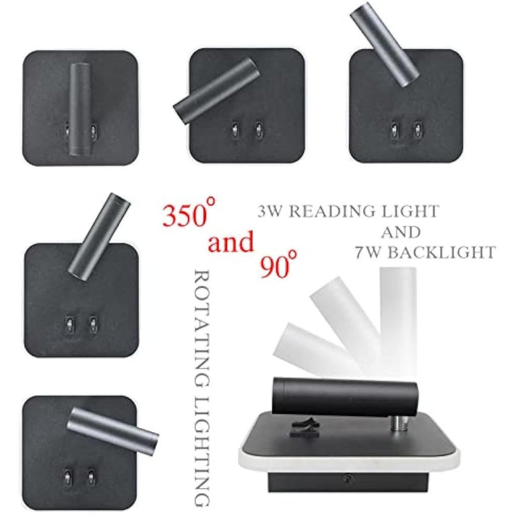 uksunvi LED Bedside Reading Wall Lamp | 12W Adjustable Spotlight - Black