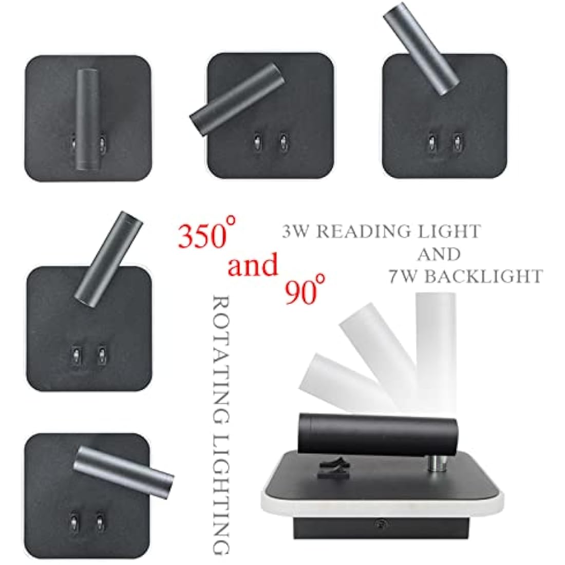 uksunvi LED Bedside Reading Wall Lamp | 12W Adjustable Spotlight - Black