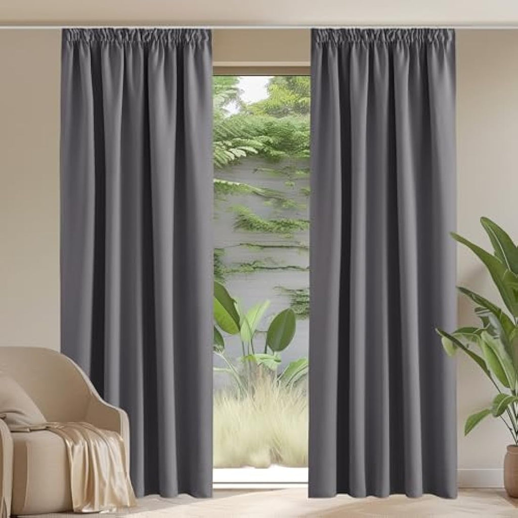 PONY DANCE Grey Pencil Pleat Blackout Curtains – Thermal 90x90 Pair