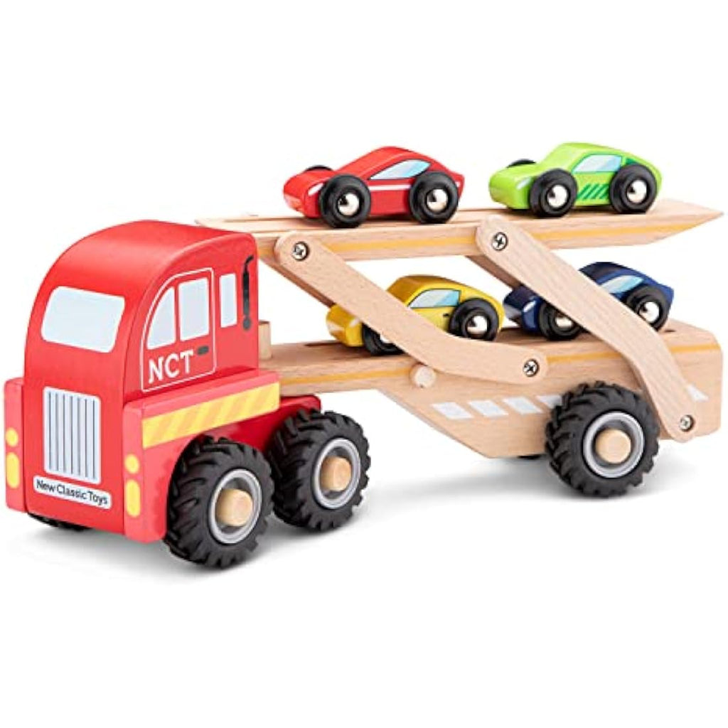 New Classic Toys Wooden Car Transporter - Montessori Toy with 4 Cars