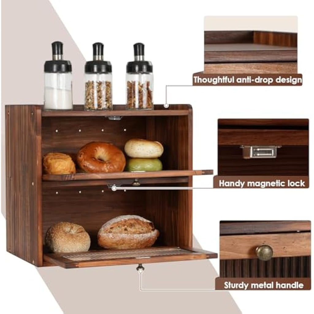 GUUSII HOME Wooden Bread Bin – 2-Tier Large Kitchen Countertop Storage Box