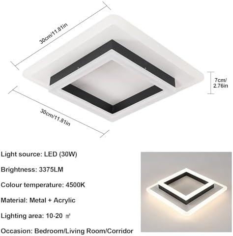 Comely Modern Square LED Ceiling Light – 30W 4500K Black & White