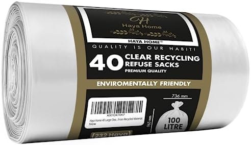 Haya Home 100L Clear Recycling Bags | 40 Heavy Duty Large Bin Liners