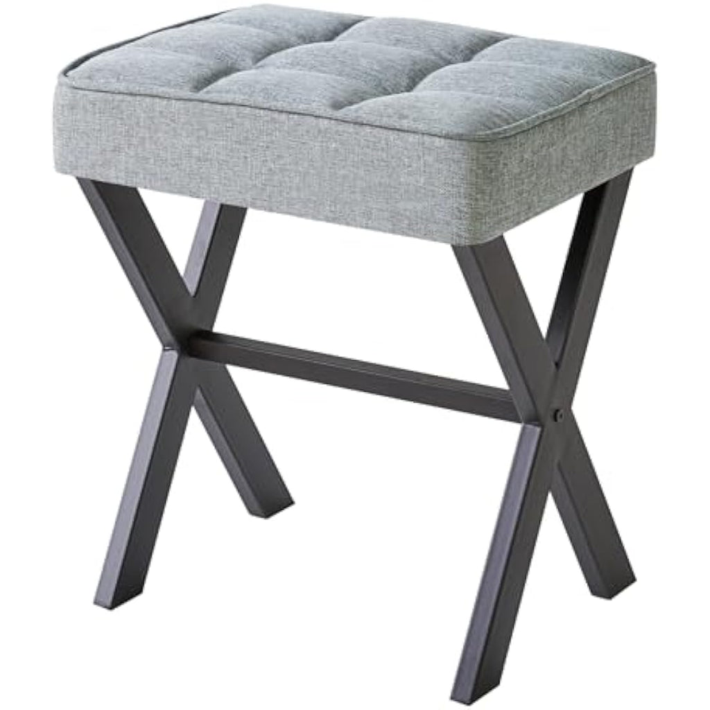 IBUYKE Square Linen Vanity Stool – Blue Gray Ottoman with X-Legs