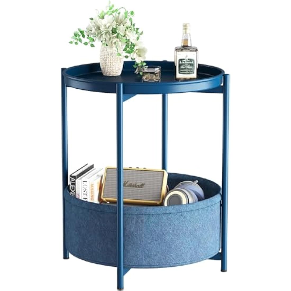 Huhote Round Side Table – Metal End Table with Storage Basket, Blue