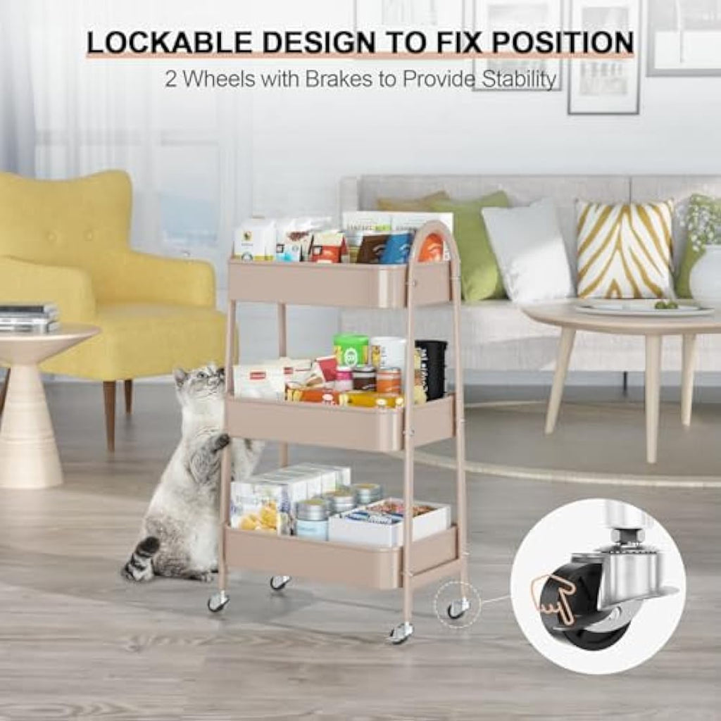 EAGMAK 3-Tier Metal Utility Rolling Cart with Handle and Wheels - Beige