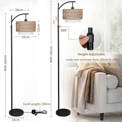 Rayofly Arc Floor Lamp | Dimmable Boho Standing Lamp with Rattan Shade