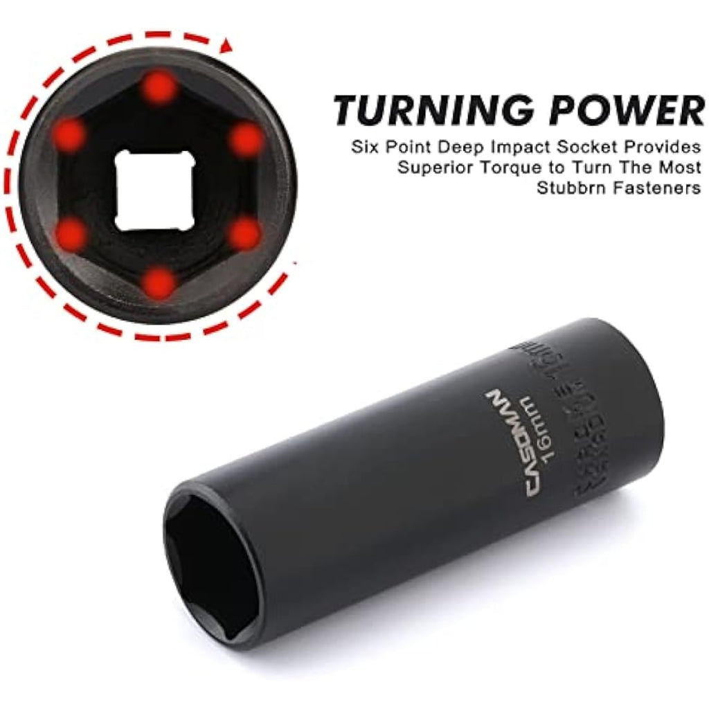 CASOMAN 3/8-Inch Drive Deep Impact Socket Set | 6-Point Metric CR-V, 13-Piece