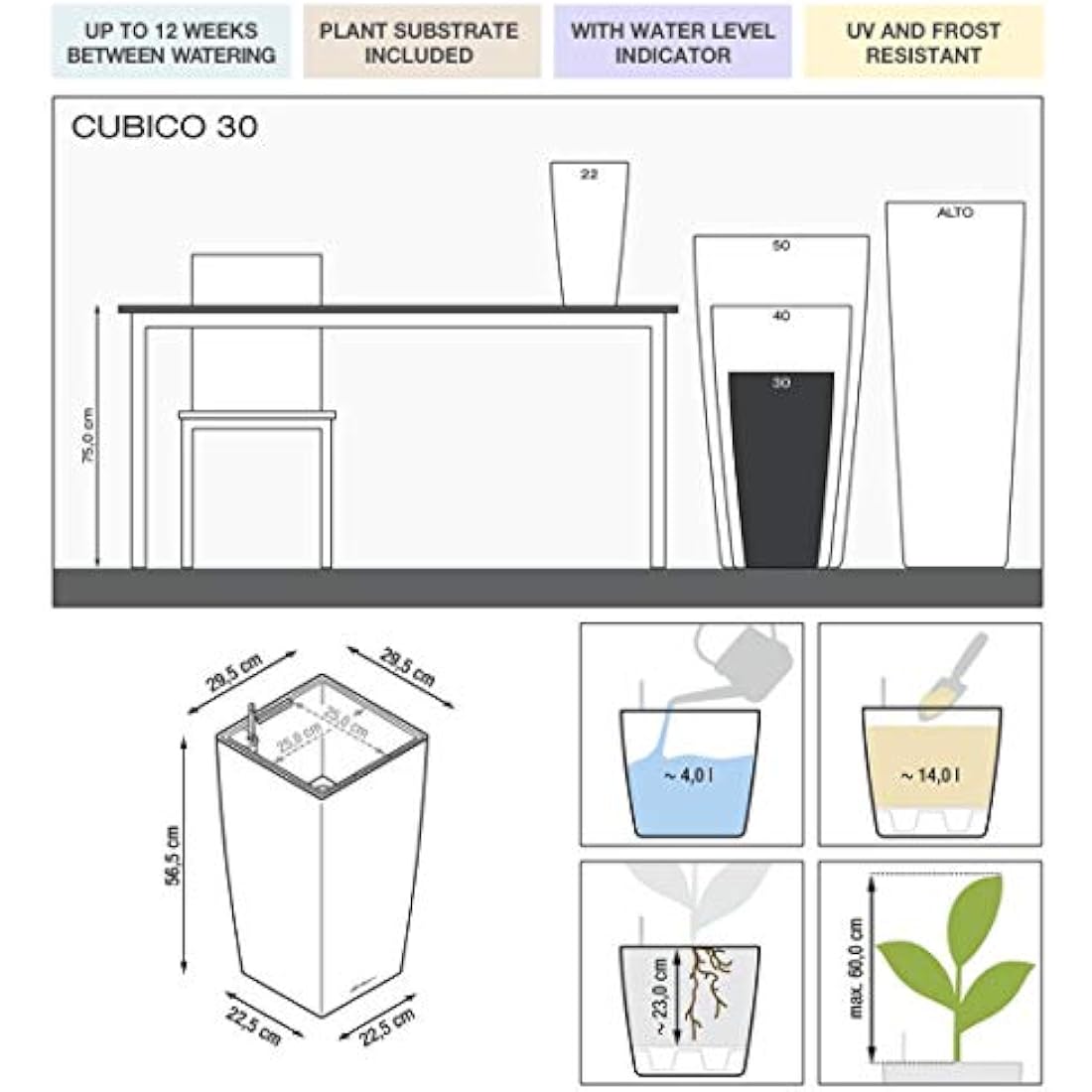 LECHUZA CUBICO Premium 30 Self-Watering Planter - Taupe High Gloss