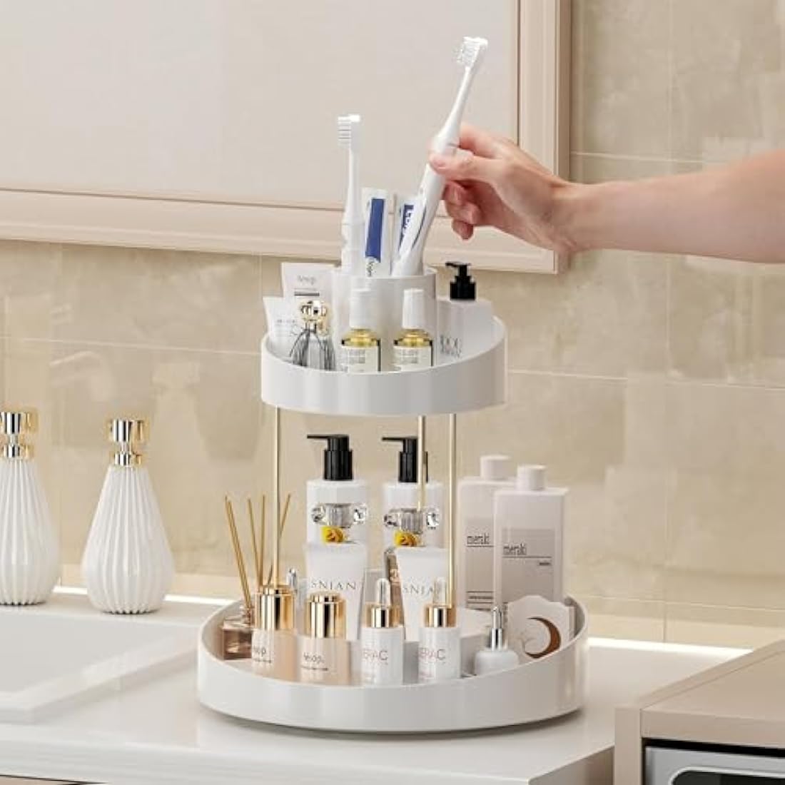 360° Rotating Makeup Organiser | 2-Tier Beige Cosmetic Rack