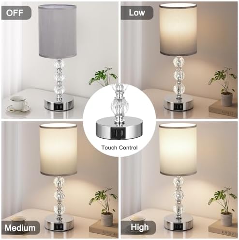 Aooshine Crystal Grey Touch Table Lamp | 3-Way Dimmable with USB C+A Ports