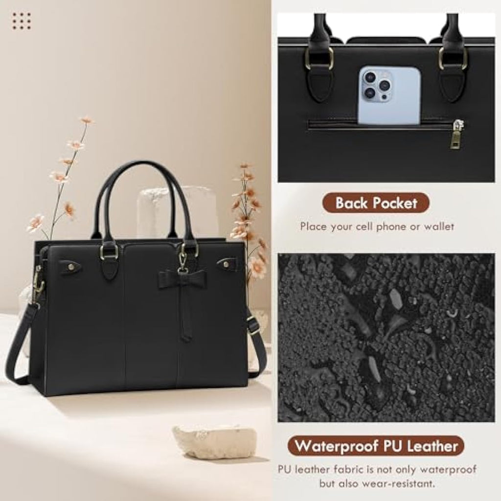RAINSMORE 15.6 Inch Laptop Bag for Women | PU Leather Work Tote – Black