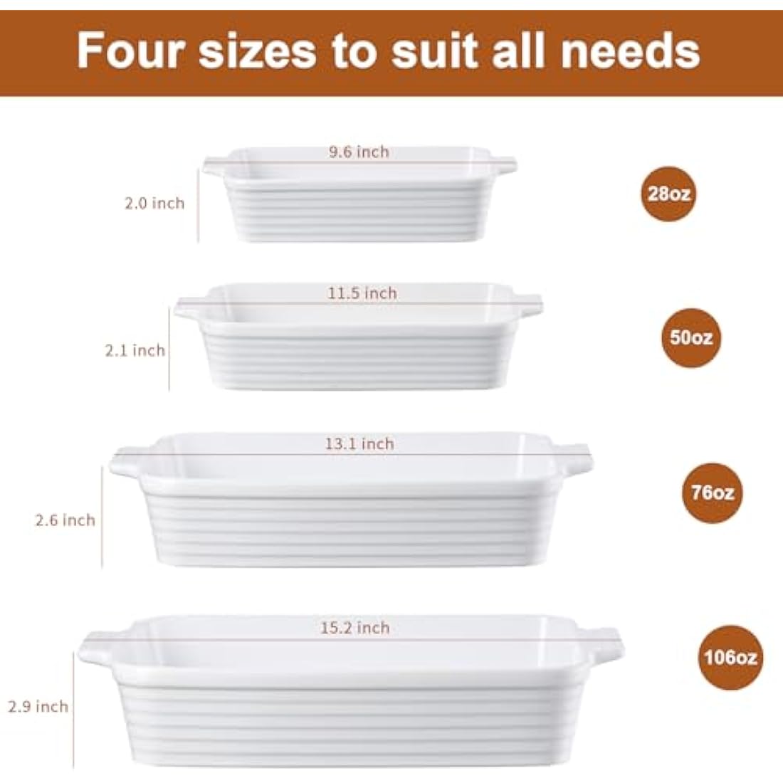 Jassceram Ceramic Casserole Dish Set | 4-Piece Deep Rectangular Bakeware