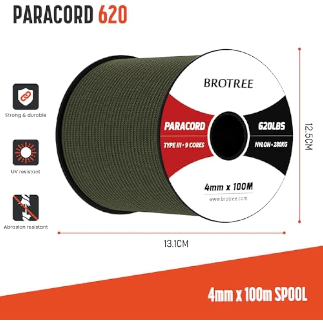 Brotree 4mm 9-Strand Nylon Paracord – 100M Tactical Rope, Army Green