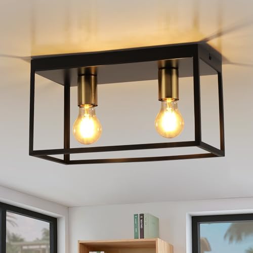 FORCOSO Industrial Black Ceiling Light – 2-Light Metal Cage Flush Mount