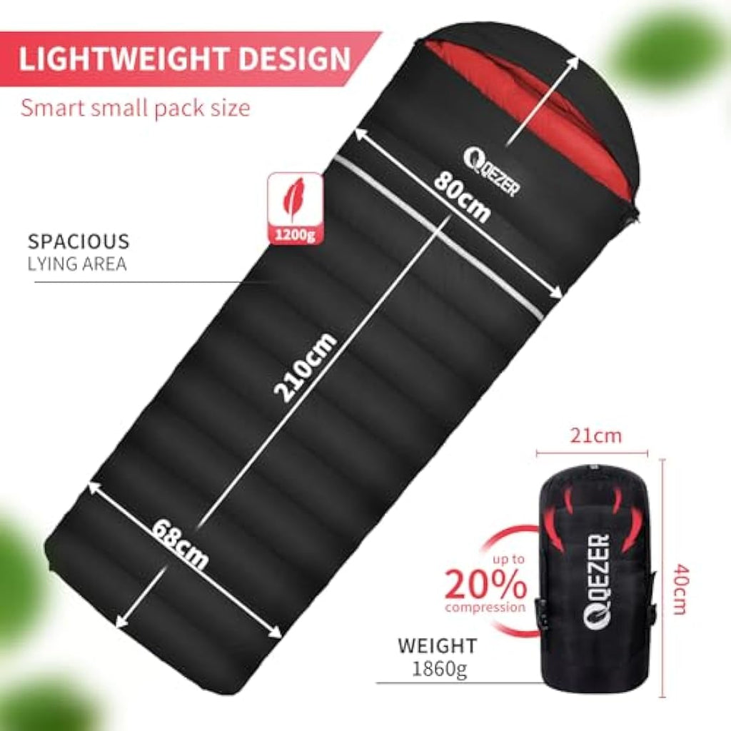 QEZER Down Sleeping Bag | Lightweight 4-Season Rectangular Nylon Bag