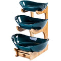 3-Tier Ceramic Fruit Bowl Set with Bamboo Stand – Dark Green