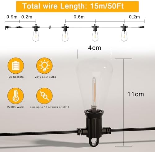 Zuske 15M Festoon Lights Outdoor – 25+2 LED Shatterproof Garden String Lights
