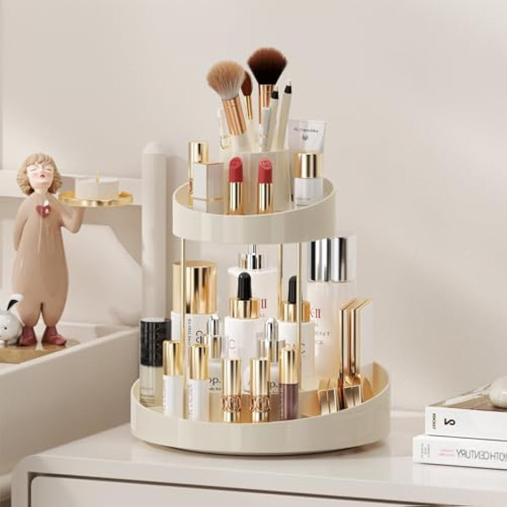 360° Rotating Makeup Organiser | 2-Tier Beige Cosmetic Rack