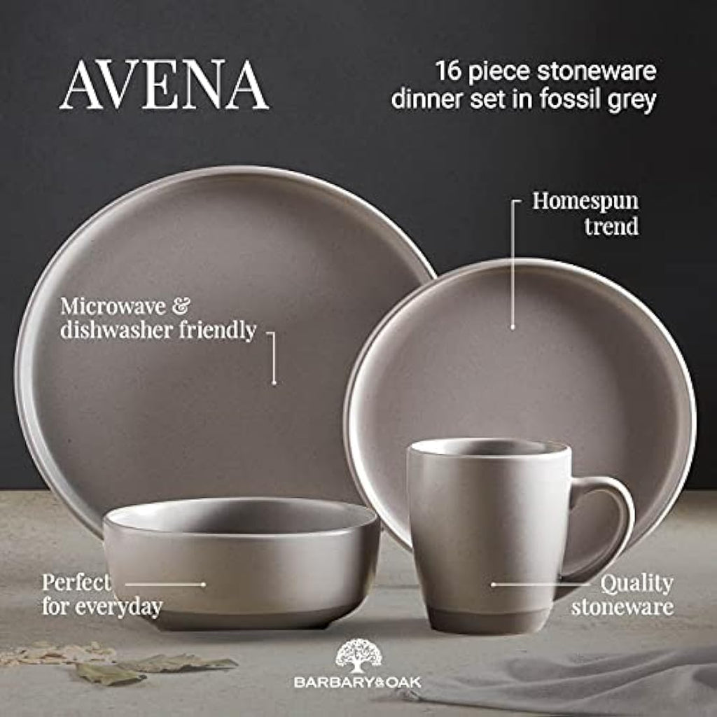 Barbary & Oak Avena 16 Piece Stoneware Dinnerware Set | Fossil Grey
