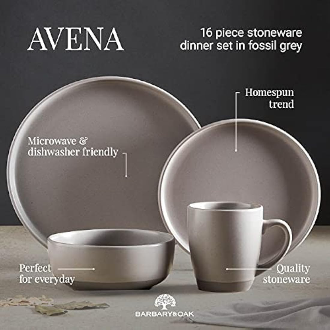 Barbary & Oak Avena 16 Piece Stoneware Dinnerware Set | Fossil Grey