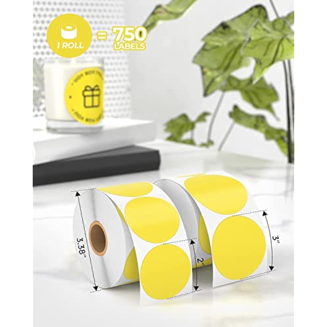 MUNBYN 2" Yellow Round Thermal Sticker Labels – 750 Self-Adhesive Labels
