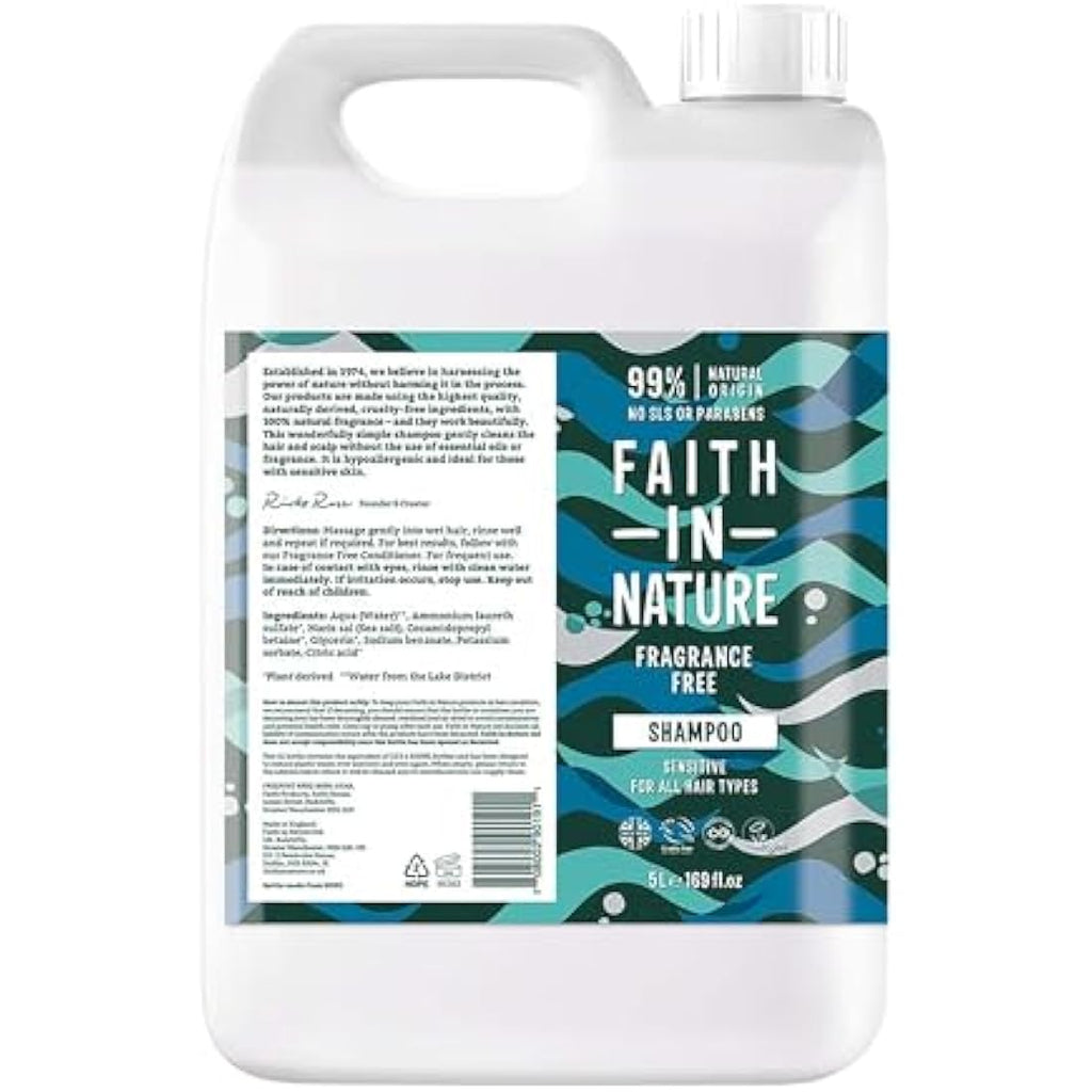 Faith In Nature Fragrance Free Shampoo | Sensitive 5L Refill Pack