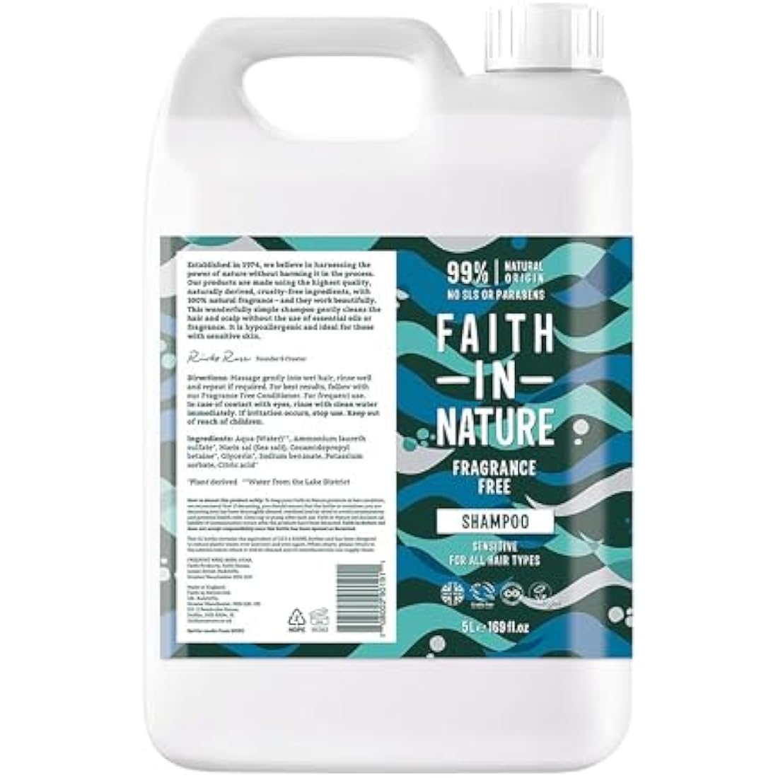 Faith In Nature Fragrance Free Shampoo | Sensitive 5L Refill Pack