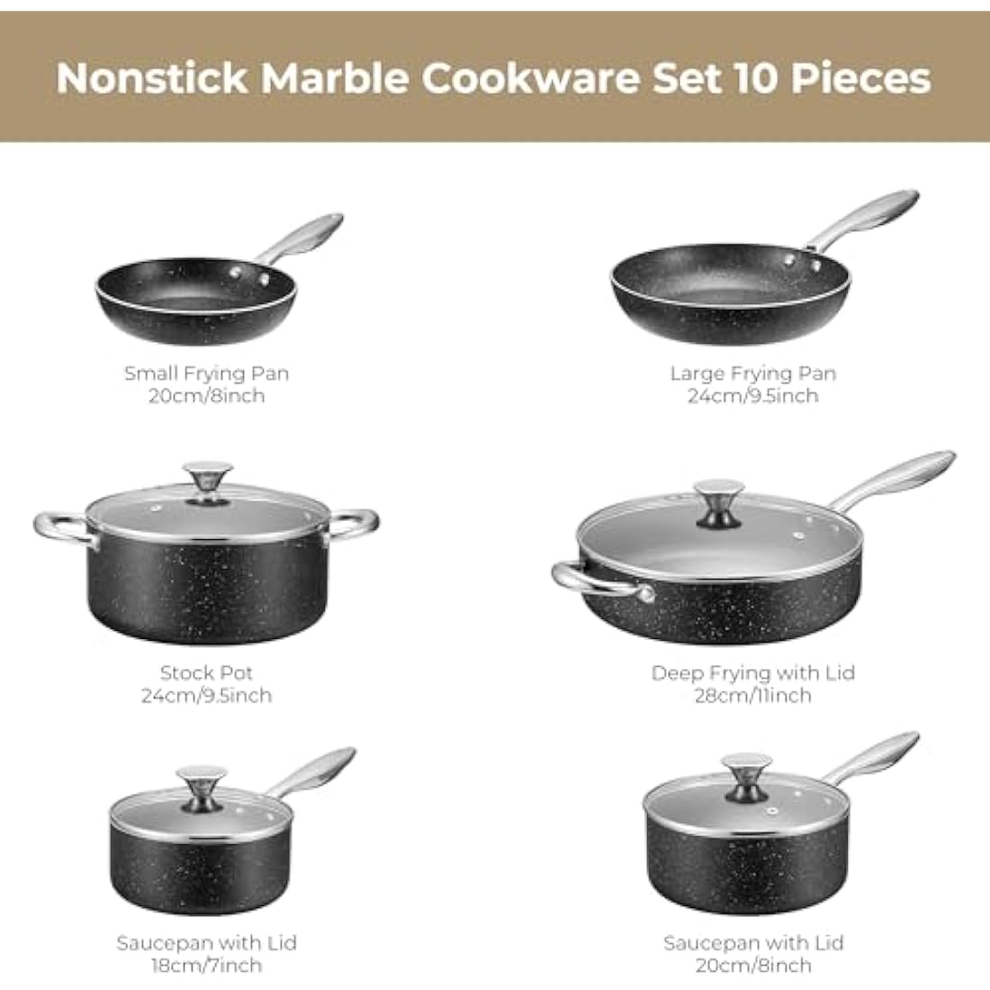 10-Piece Granite Nonstick Pots and Pans Set | Induction Cookware