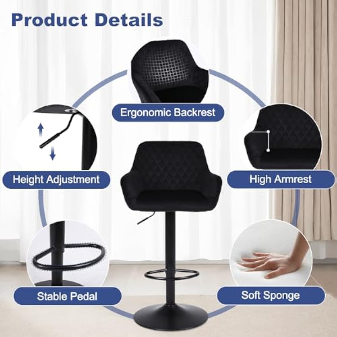 Velvet Swivel Bar Stools Set of 2 | Adjustable Counter Chairs