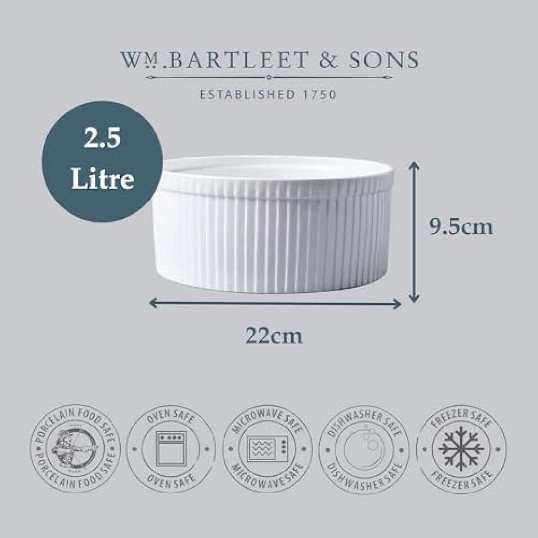 WM Bartleet & Sons Porcelain Soufflé Dish – 22cm White Ceramic Bowl