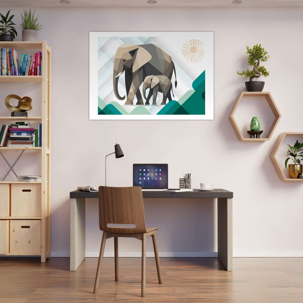 Elephant Duo Wall Art - Neutral Geometric Wildlife Illustration - Eco-Friendly Poster