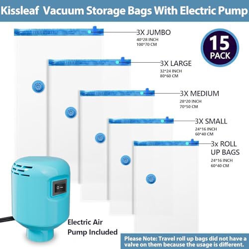 Kissleaf 15-Pack Vacuum Storage Bags with Electric Pump | 5 Mixed Sizes