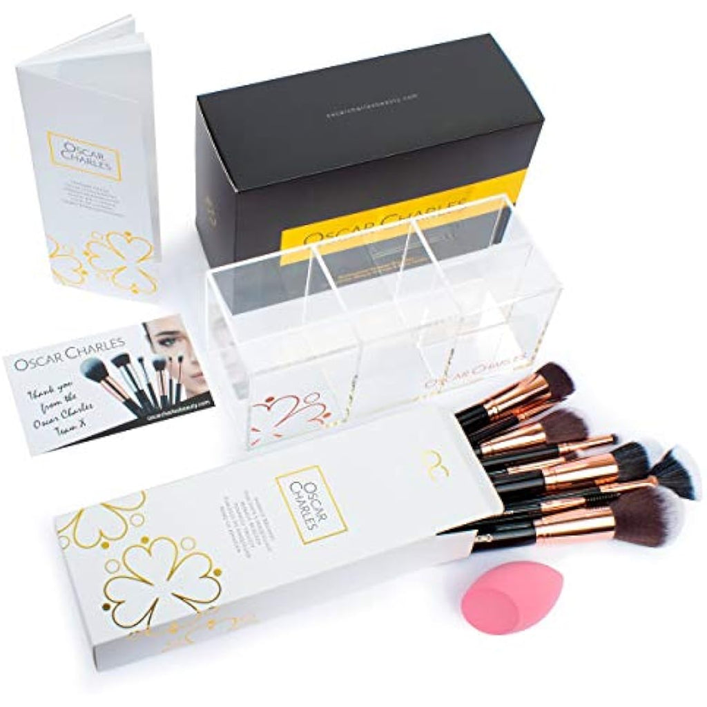 Oscar Charles 12-Piece Professional Makeup Brush Set with Holder – Rose Gold